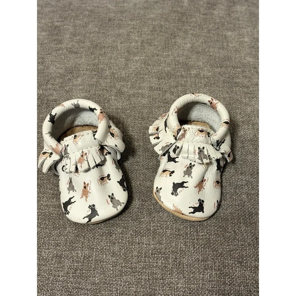 Freshly Picked White with playful french bulldog print Leather moccasins Size 2